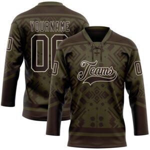 Custom Olive Brown-Cream 3D Pattern Tribal Indigenous Grunge Geometric Splash Hockey Lace Neck Jersey