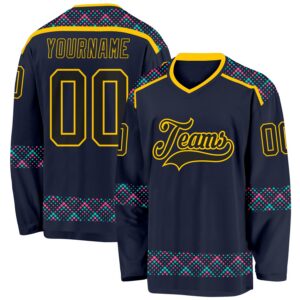 Custom Navy Black Yellow Pink-Ice Blue 3D Pattern Plaid Hockey Jersey