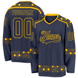 Custom Navy Gold 3D Pattern Plaid Hockey Jersey