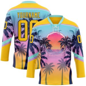 Custom Yellow Blue Purple-Black 3D Pattern Gradient Hawaii Tropical Palm Trees Hockey Lace Neck Jersey