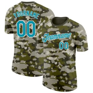 Custom Camo Teal-White Woodland Forest Digital Camouflage Pixel Salute To Service Performance T-Shirt