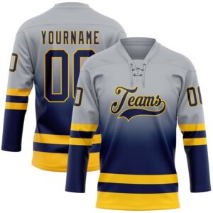 Custom Gray Navy-Gold Fade Fashion Hockey Lace Neck Jersey