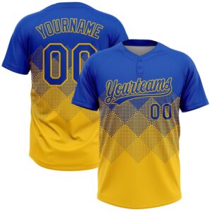 Custom Thunder Blue Yellow 3D Gradient Square Shape Two-Button Unisex Softball Jersey