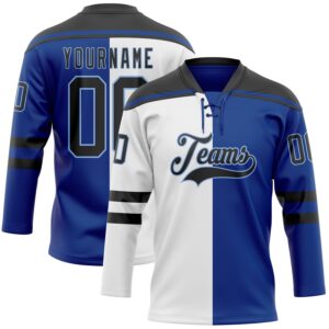 Custom Royal Black White-Light Blue Split Fashion Hockey Lace Neck Jersey