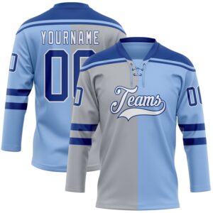 Custom Light Blue Royal Gray-White Split Fashion Hockey Lace Neck Jersey