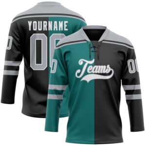 Custom Black Gray Teal-White Split Fashion Hockey Lace Neck Jersey