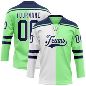 Custom Pea Green Navy-White Split Fashion Hockey Lace Neck Jersey