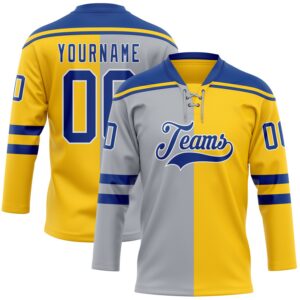Custom Yellow Royal Gray-White Split Fashion Hockey Lace Neck Jersey